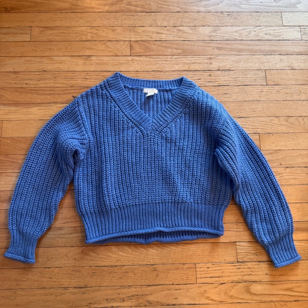 H&M Women Blue Chunky Knit V-Neck Sweater Cropped Shaker Stitch Pullover XS